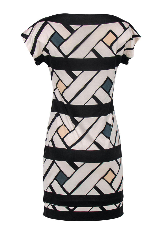 Current Boutique-Diane von Furstenberg - Black & Cream Printed Boat Neck Silk Dress Sz 6