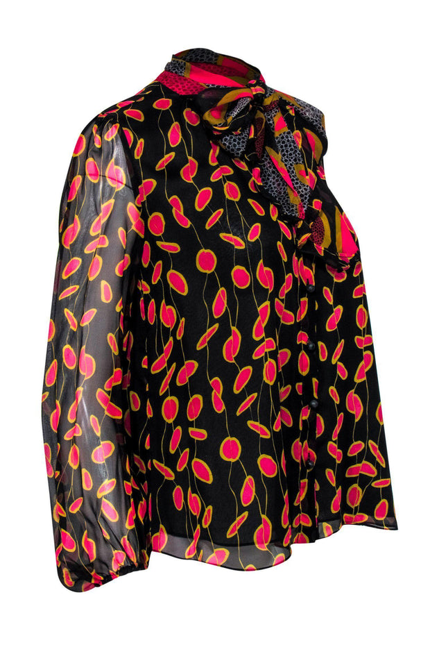 Current Boutique-Diane von Furstenberg - Black, Gold & Pink Printed Silk Blouse Sz 2