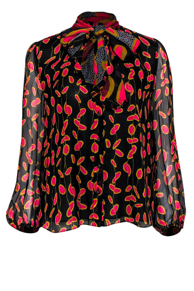 Current Boutique-Diane von Furstenberg - Black, Gold & Pink Printed Silk Blouse Sz 2