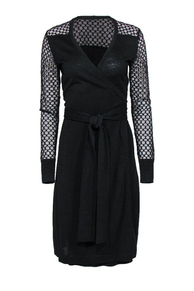 Current Boutique-Diane von Furstenberg - Black Knit Wrap Dress w/ Lace Sleeves Sz M