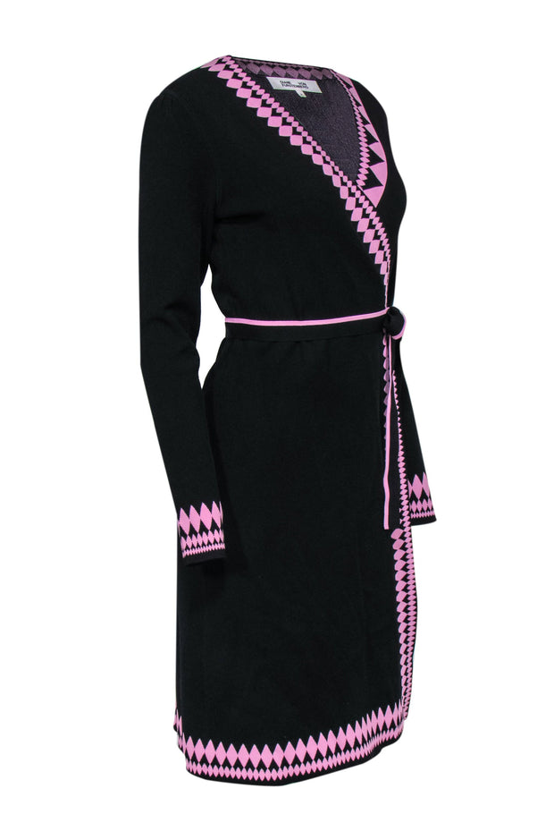 Current Boutique-Diane von Furstenberg - Black Knit Wrap Dress w/ Pink Trim Sz M