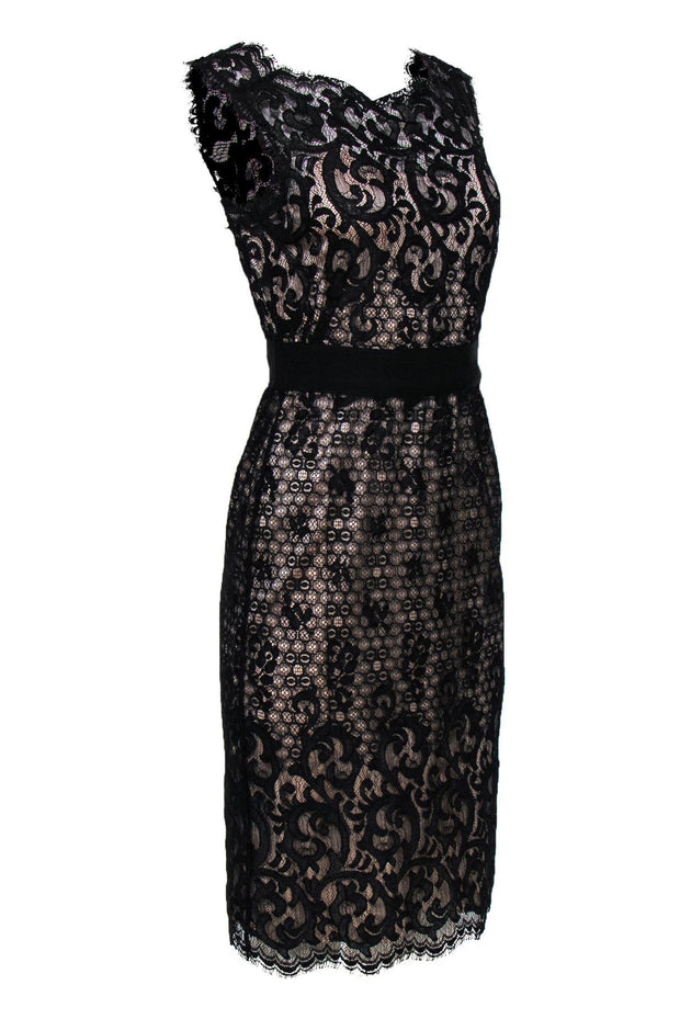 Current Boutique-Diane von Furstenberg - Black Lace & Contrasting Slip Sheath Dress Sz 6