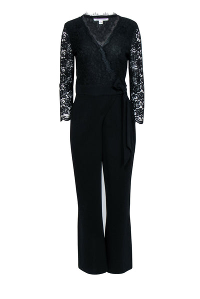 Current Boutique-Diane von Furstenberg - Black Lace Top Wrap Jumpsuit w/ Wide Leg Sz 8