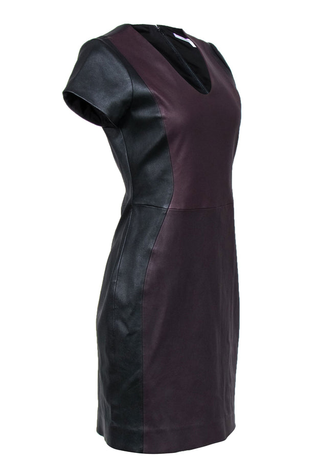 Current Boutique-Diane von Furstenberg - Black & Maroon Leather Midi Sheath Dress Sz 10