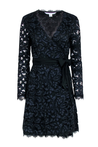 Current Boutique-Diane von Furstenberg - Black & Navy Lace Wrap Dress Sz 6