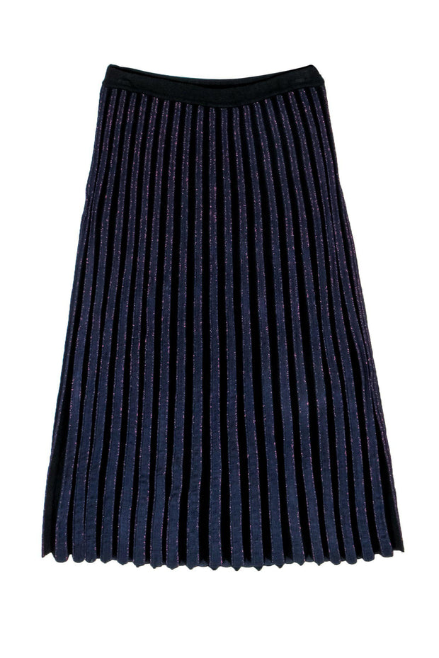 Current Boutique-Diane von Furstenberg - Black & Navy Metallic Striped Pleated Knit Midi Skirt Sz XS