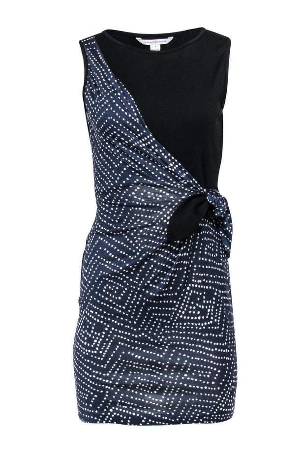 Current Boutique-Diane von Furstenberg - Black & Navy Polka Dot Fitted Dress w/ Tie Sz 0