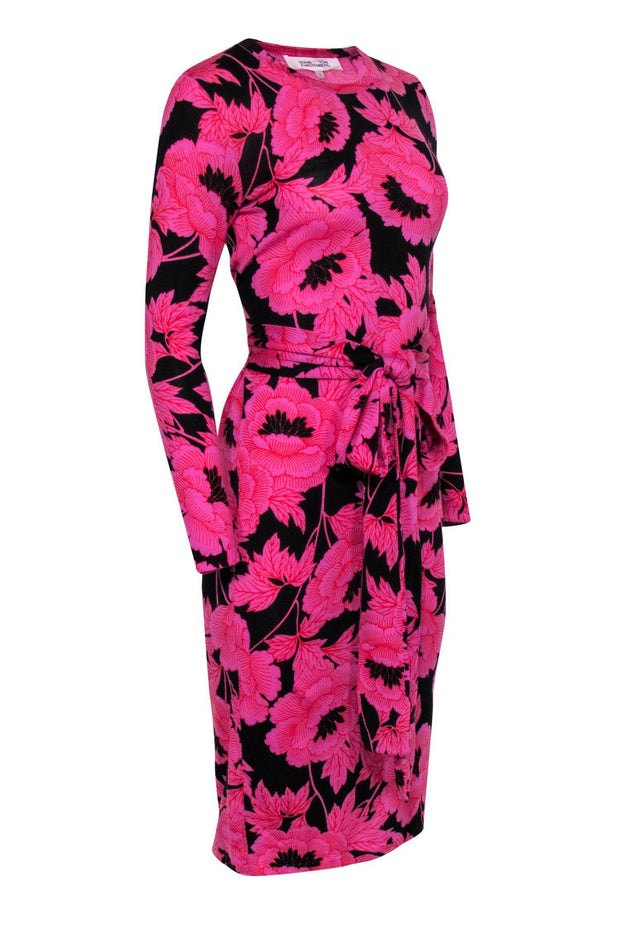 Current Boutique-Diane von Furstenberg - Black & Pink Floral Knit Dress w/ Waist Tie Sz S