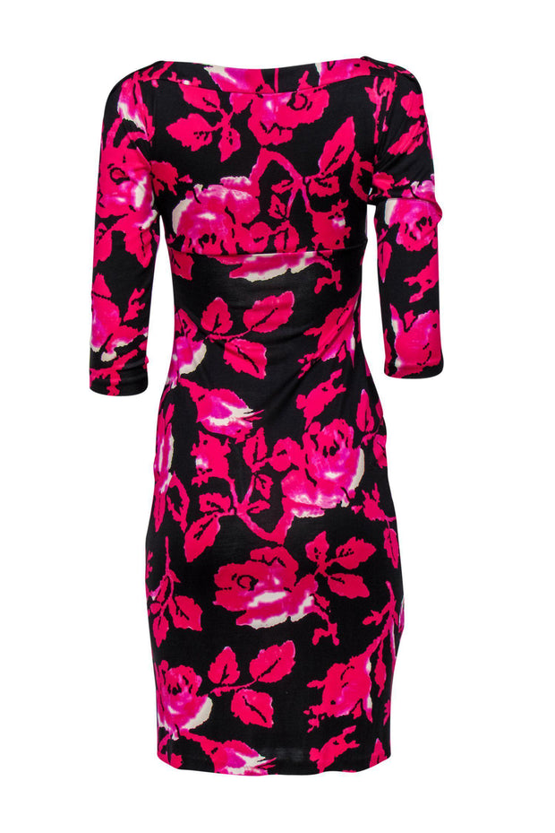 Current Boutique-Diane von Furstenberg - Black & Pink Rose Print Silk Midi Dress Sz 2