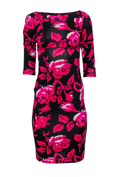Current Boutique-Diane von Furstenberg - Black & Pink Rose Print Silk Midi Dress Sz 2