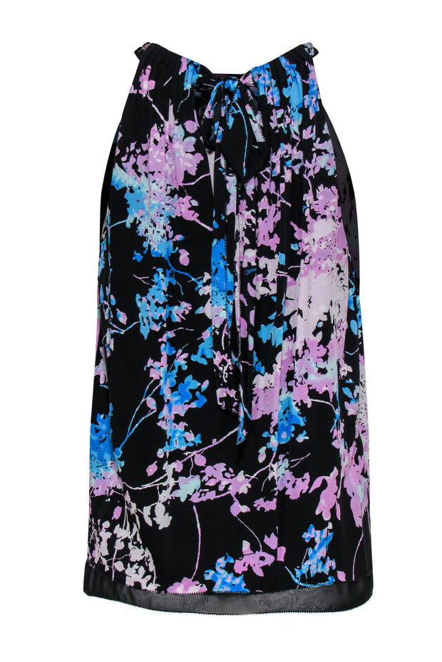 Current Boutique-Diane von Furstenberg - Black, Purple & Blue Floral Print Tank Sz S