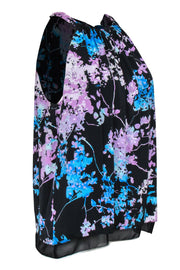 Current Boutique-Diane von Furstenberg - Black, Purple & Blue Pleated Silk Floral Tank Sz S