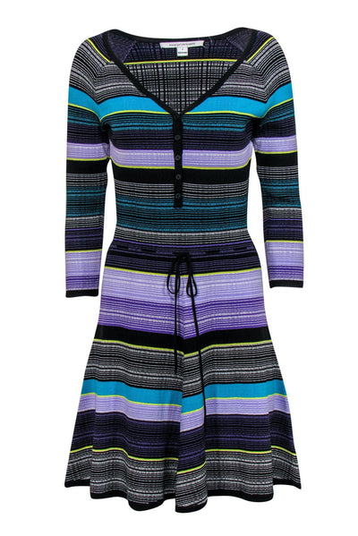 Current Boutique-Diane von Furstenberg - Black & Purple Silk Blend Long Sleeve Striped Shift Dress Sz S