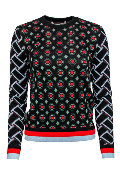 Current Boutique-Diane von Furstenberg - Black, Red & Green Multi-Printed Sparkly Sweater Sz XXS