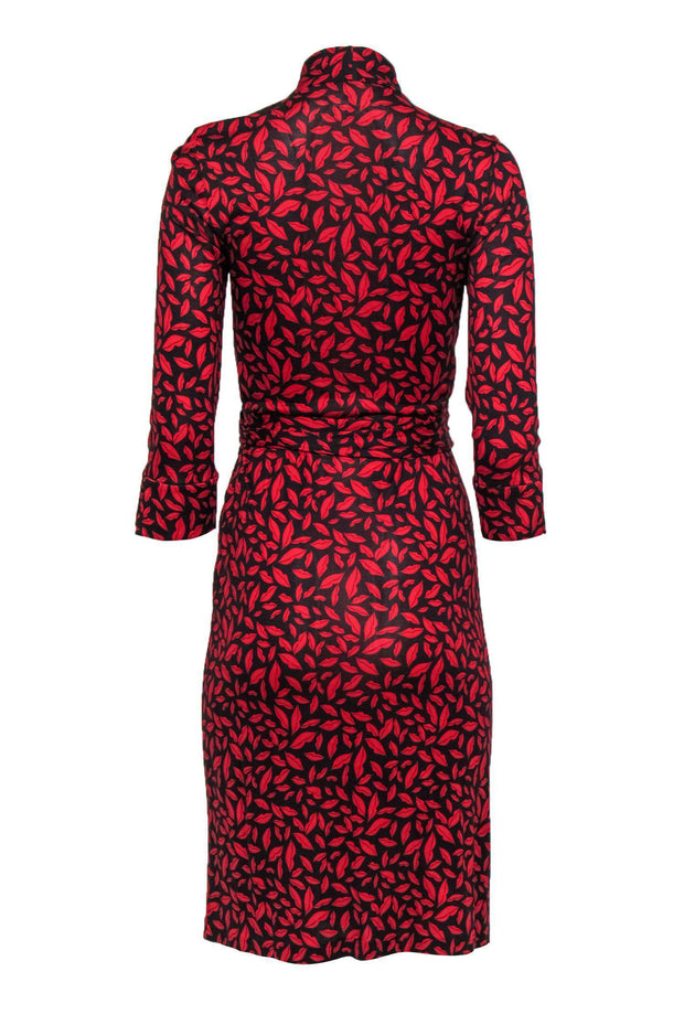 Current Boutique-Diane von Furstenberg - Black & Red Lip Print Long Sleeve Silk Wrap Dress Sz 8