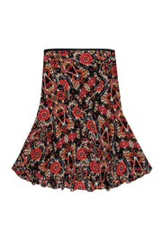 Current Boutique-Diane von Furstenberg - Black, Red & Orange Bohemian Print Silk Midi Skirt Sz 6