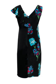 Current Boutique-Diane von Furstenberg - Black Satin Sleeveless Floral Dress w/ Flounce Detail Sz 10