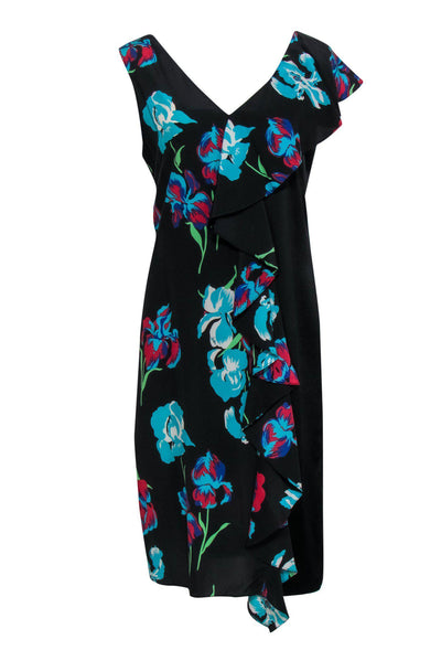 Current Boutique-Diane von Furstenberg - Black Satin Sleeveless Floral Dress w/ Flounce Detail Sz 10