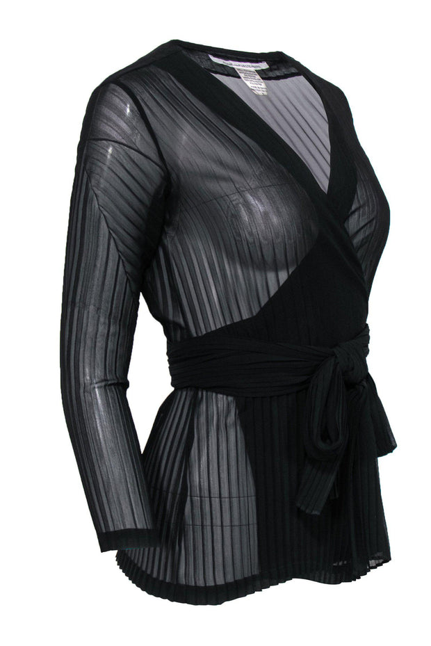 Current Boutique-Diane von Furstenberg - Black Sheer Pleated Wrap Top Sz 0