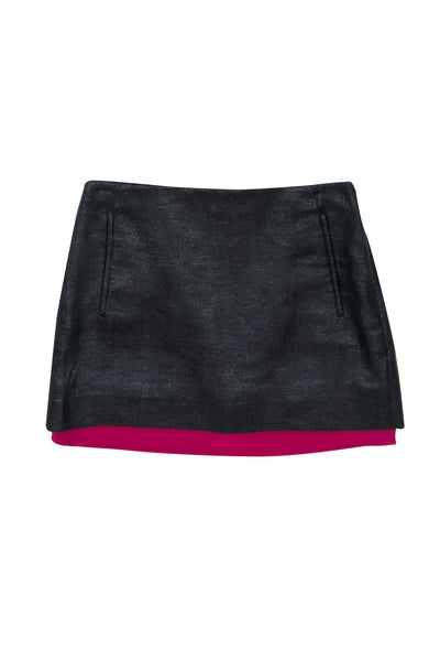 Current Boutique-Diane von Furstenberg - Black Shiny Coated Woven Miniskirt w/ Purple Hem Sz 0