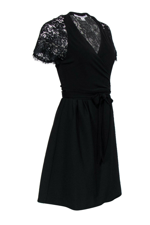 Current Boutique-Diane von Furstenberg - Black Short Sleeve "Elizabeth" Wrap Dress w/ Lace Trim Sz 6