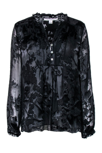 Current Boutique-Diane von Furstenberg - Black Silk Floral Long Sleeve Blouse Sz 12