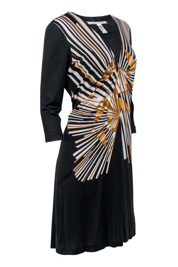 Current Boutique-Diane von Furstenberg - Black & Tan Sunburst Patterned Silk Dress Sz 10