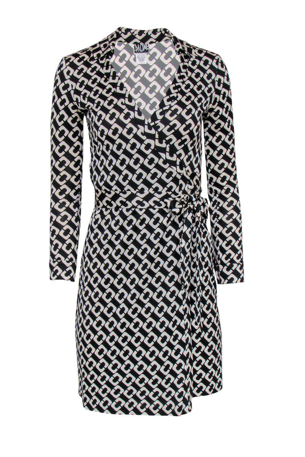 Current Boutique-Diane von Furstenberg - Black & White Long Sleeve Wrap Dress w/ Link Print Sz 2