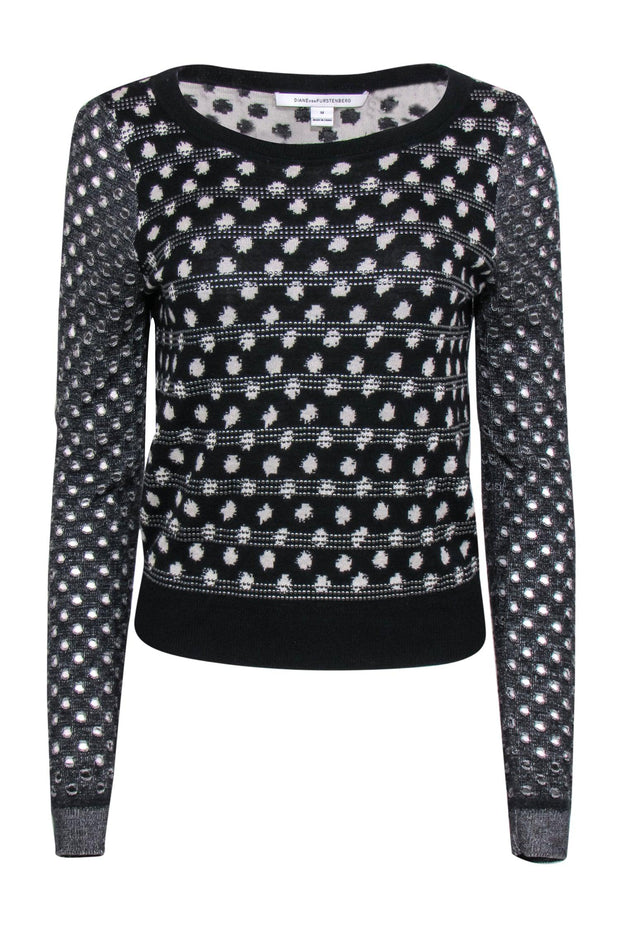 Current Boutique-Diane von Furstenberg - Black & White Polka Dot Sweater w/ Mesh Sleeves & Studded Trim Sz M