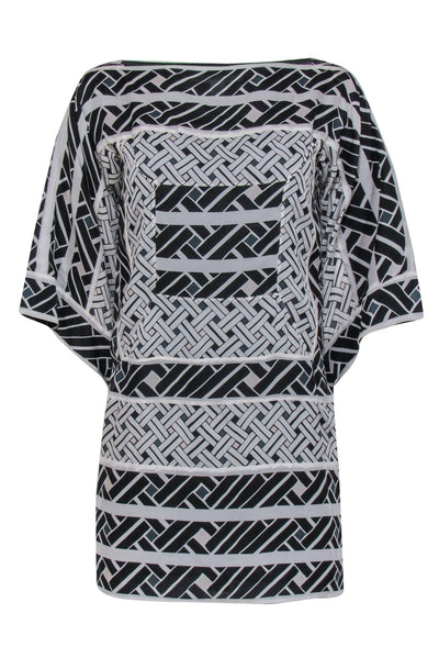 Current Boutique-Diane von Furstenberg - Black & White Printed Silk Boat Neck Dress Sz 0