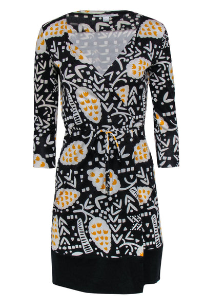 Current Boutique-Diane von Furstenberg - Black, Yellow, & White Printed Wrap Mini Dress Sz 2