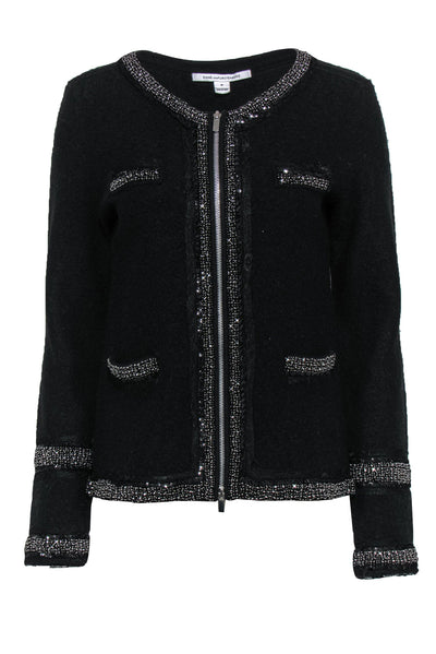 Current Boutique-Diane von Furstenberg - Black Zip-Up Wool Cardigan w/ Lace, Beaded & Sequin Trim Sz M
