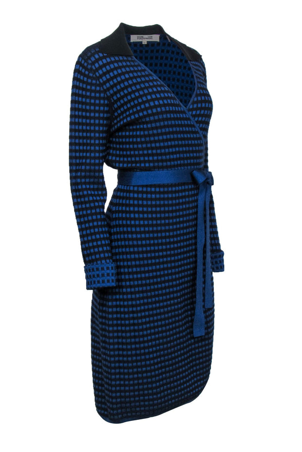 Current Boutique-Diane von Furstenberg - Blue & Black Long Sleeve Wrap Sweater Dress Sz L