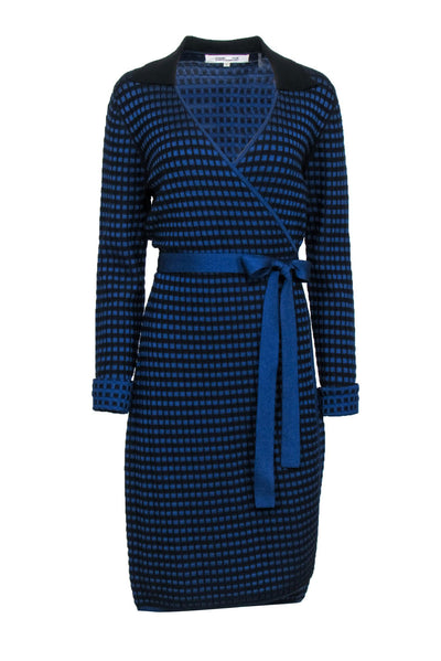 Current Boutique-Diane von Furstenberg - Blue & Black Long Sleeve Wrap Sweater Dress Sz L