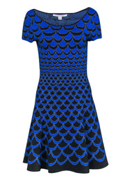 Current Boutique-Diane von Furstenberg - Blue, Black & Silver Scalloped Print Fit & Flare Dress Sz S