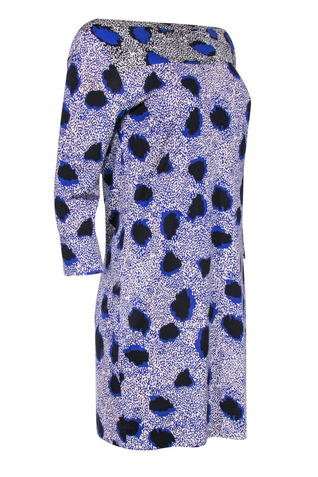 Current Boutique-Diane von Furstenberg - Blue & Cream Printed Boat Neck Silk Shift Dress Sz 10
