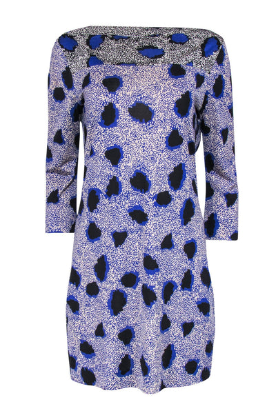 Current Boutique-Diane von Furstenberg - Blue & Cream Printed Boat Neck Silk Shift Dress Sz 10