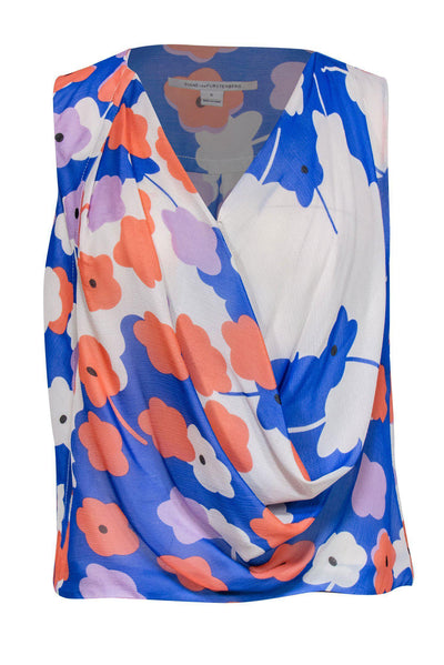 Current Boutique-Diane von Furstenberg - Blue Floral Silk Draped Sleeveless Top Sz 0