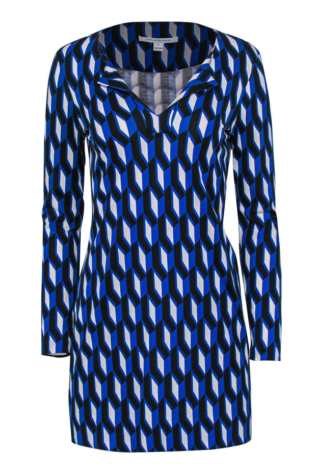 Current Boutique-Diane von Furstenberg - Blue Geometric Printed Shift Dress Sz 4