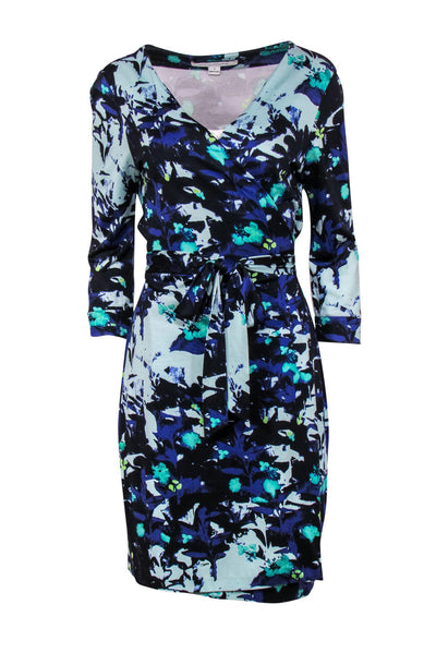 Current Boutique-Diane von Furstenberg - Blue, Green & Black Floral Print Long Sleeve Wrap Dress Sz 10