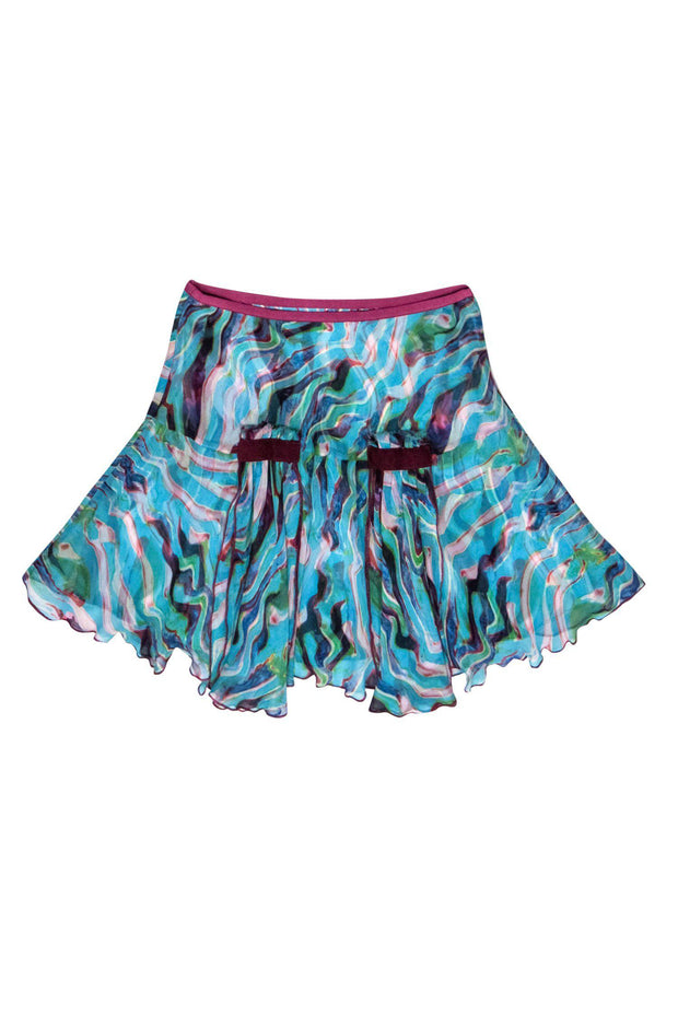 Current Boutique-Diane von Furstenberg - Blue & Green Watercolor Print Silk Flounce Skirt w/ Burgundy Trim Sz 4