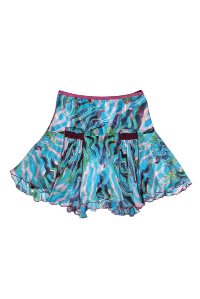 Current Boutique-Diane von Furstenberg - Blue & Green Watercolor Print Silk Flounce Skirt w/ Burgundy Trim Sz 4