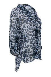 Current Boutique-Diane von Furstenberg - Blue Leopard Print Sheer Button-Up Long Sleeve Silk Blouse Sz 10