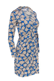 Current Boutique-Diane von Furstenberg - Blue & Mustard Leaf Print Silk Wrap Dress Sz 0