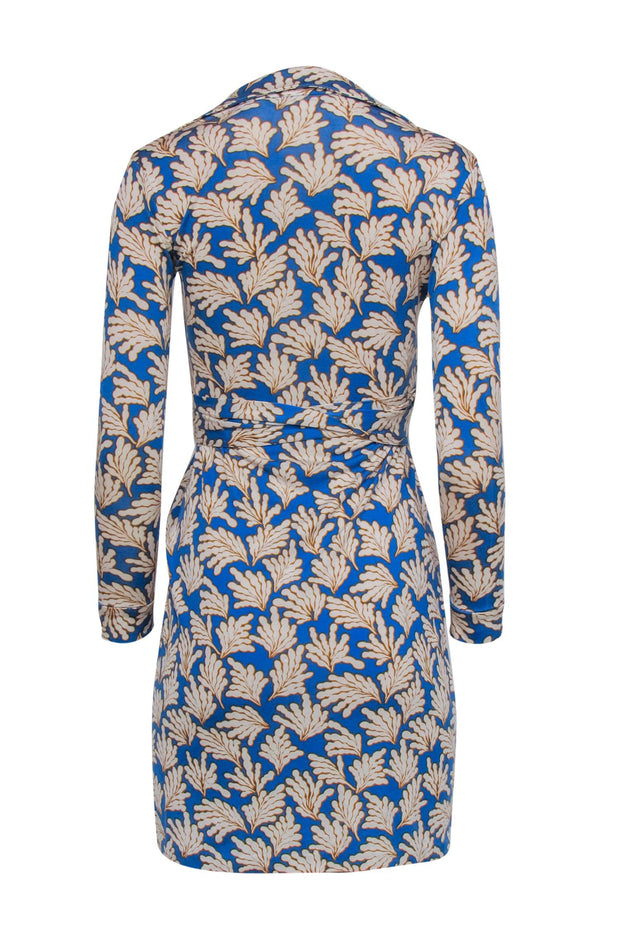 Current Boutique-Diane von Furstenberg - Blue & Mustard Leaf Print Silk Wrap Dress Sz 0