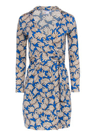 Current Boutique-Diane von Furstenberg - Blue & Mustard Leaf Print Silk Wrap Dress Sz 0