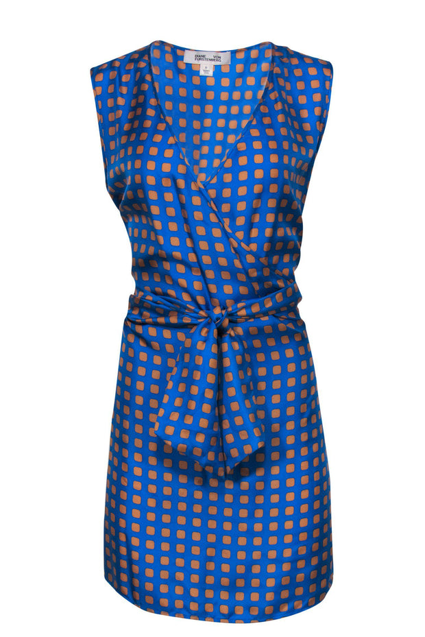 Current Boutique-Diane von Furstenberg - Blue & Orange Square Print Faux Wrap Dress Sz M