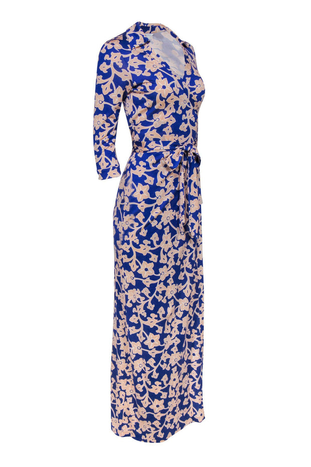 Current Boutique-Diane von Furstenberg - Blue & Pink Floral Print "Abigail" Silk Wrap Maxi Dress Sz 8