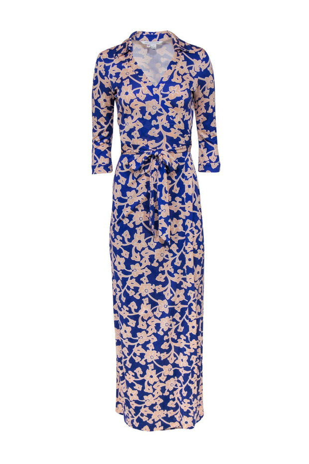 Current Boutique-Diane von Furstenberg - Blue & Pink Floral Print "Abigail" Silk Wrap Maxi Dress Sz 8