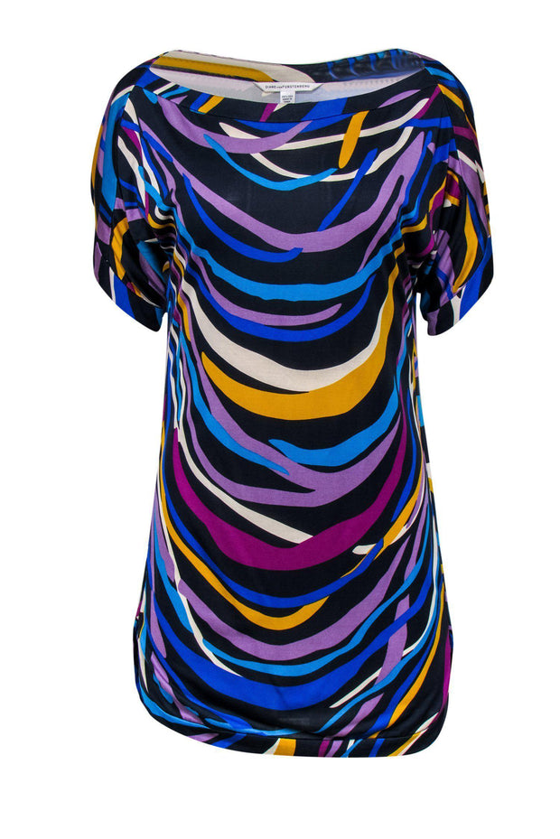 Current Boutique-Diane von Furstenberg - Blue, Purple, Yellow & White Printed Silk Shift Dress Sz 0